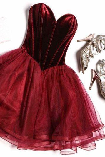 Burgundy Homecoming Dress With Velvet Bodice