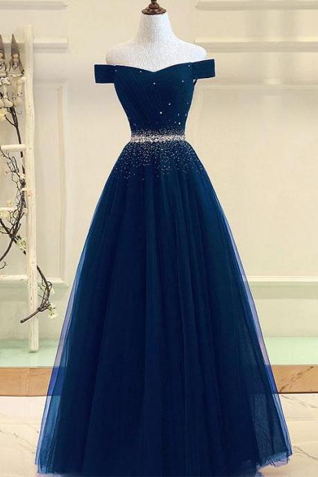 Off The Shoulder Navy Blue Evening Dress With Corset Back