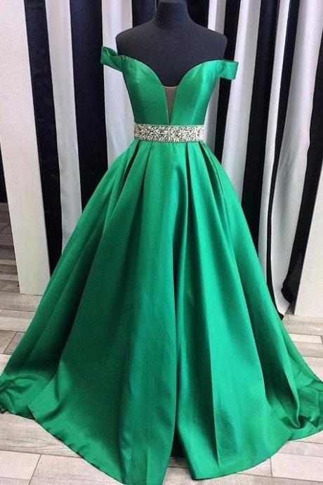 Off The Shoulder Green Pageant Dress Prom Dress With Sheer Mesh Neck