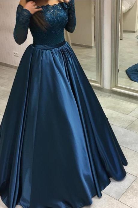 Navy Off The Shoulder Pageant Dress With Long Sleeves