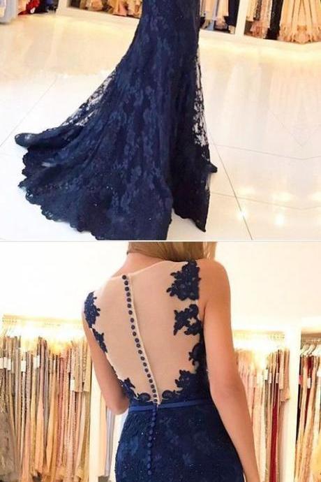 Plunging Neck Navy Evening Dress With Sheer Back Prom Dress