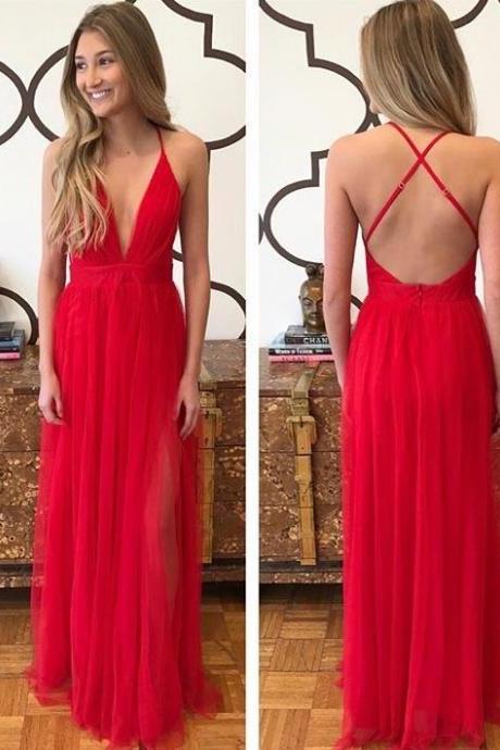 Red Plunging Neck Pageant Dress With Adjustable Criss-cross Back