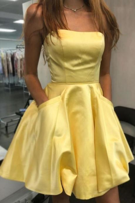 Strapless Short Yellow Homecoming Party Dress With Pockets