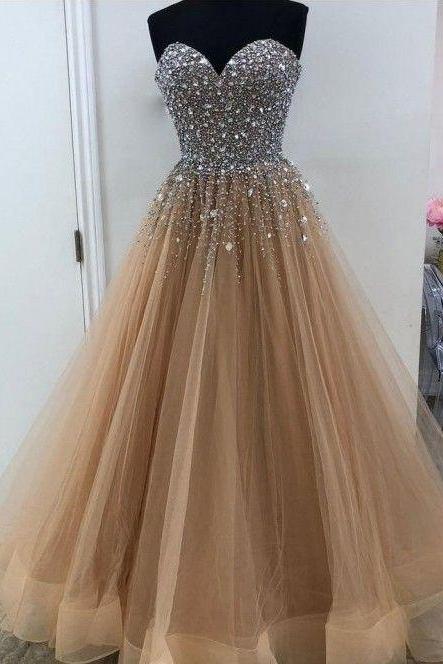Sleeveless Champagne Prom Dress with Crystals Beads