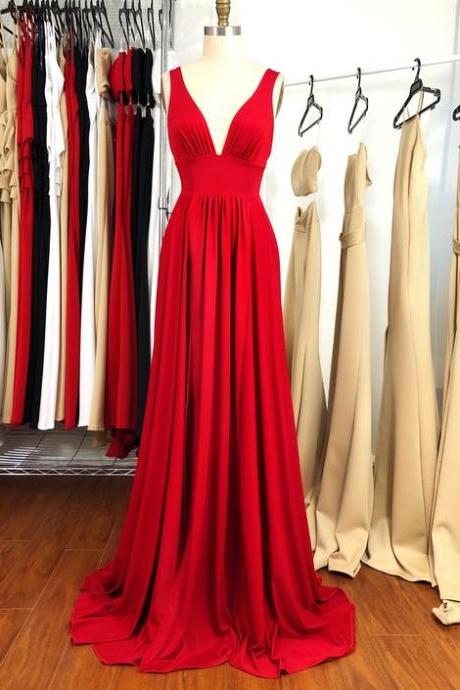 Plunging Neck Prom Dress Long Red Evening Dress