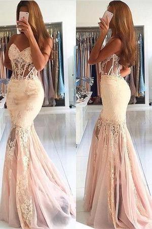 Sweetheart See Through Corset Tulle Mermaid Prom Dresses
