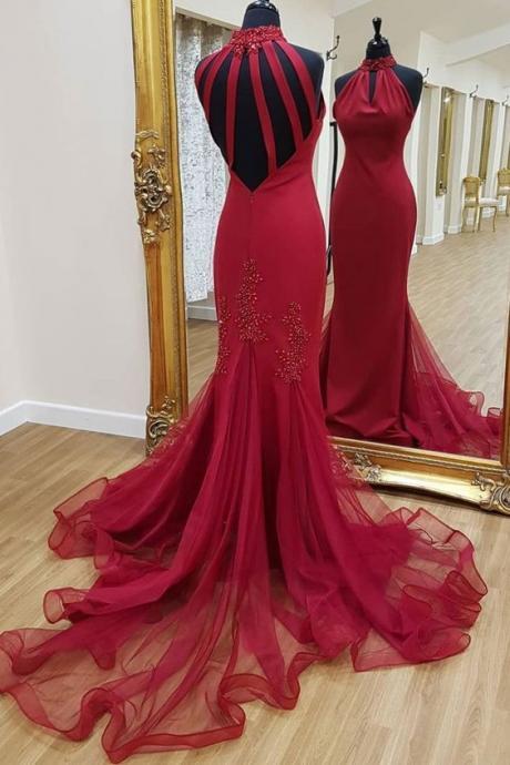 Keyhole Front High Neck Sheath Prom Dress With Horsehair Trim