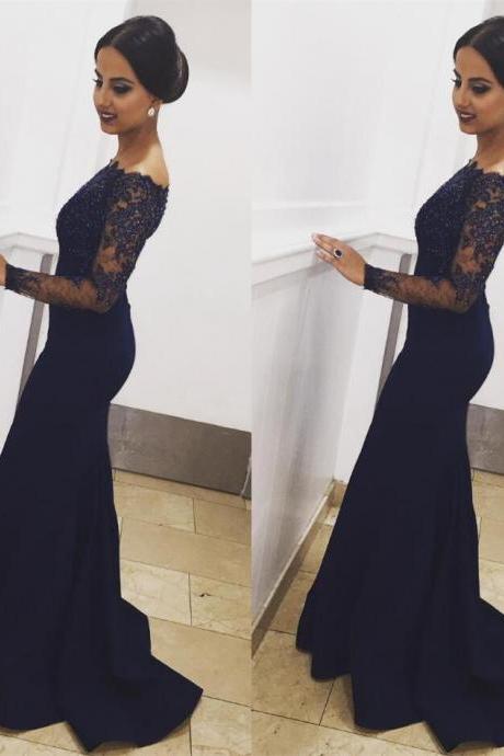 Off The Shoulder Pageant Dress Long Sleeves Navy Evening Dress