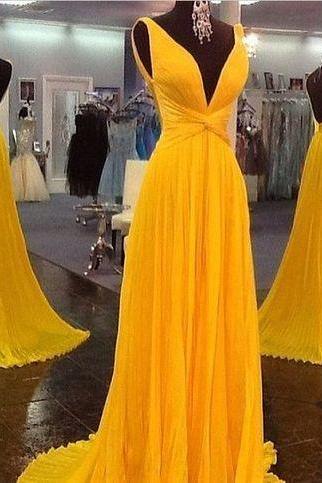 Low Back Yellow Chiffon Prom Dress