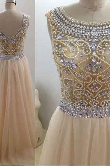 Bateau Neckline Long Prom Dress With Beads