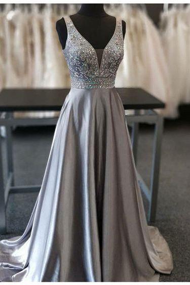 Plunging Neck Prom Dress With Beads