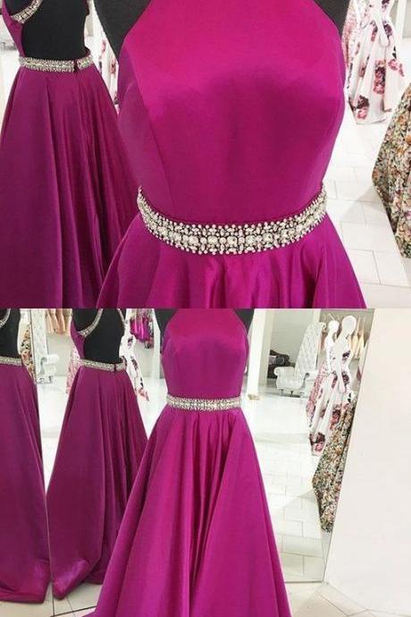 Halter Prom Dresses With Beads Open Back Long Pageant Dresses
