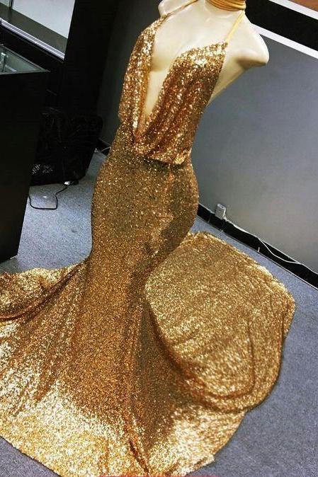 Halter Gold Sequin Mermaid Prom Dress