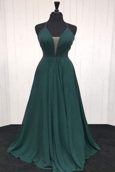 Mesh Plunging Neck Dark Green Prom Dress