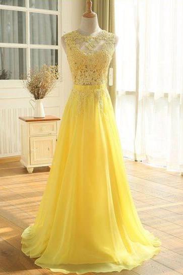 Sleeveless Long Yellow Chiffon Evening Gown With Appliqued Sheer Bodice Prom Dress