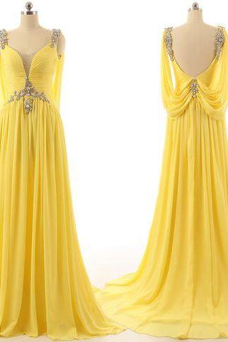 Plunging Neck Yellow Chiffon Pageant Dress