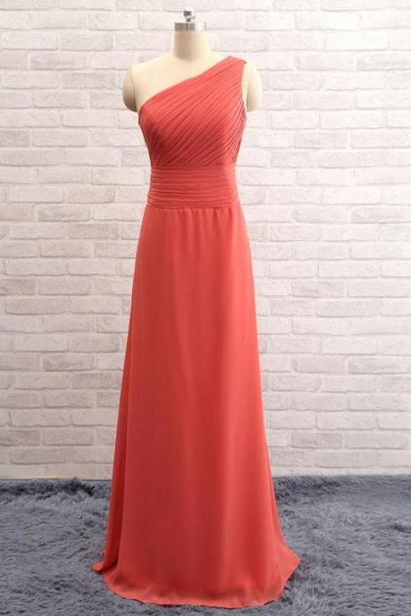 One Shoulder Evening Gown Floor Length Pleated Bridesmaid Dress