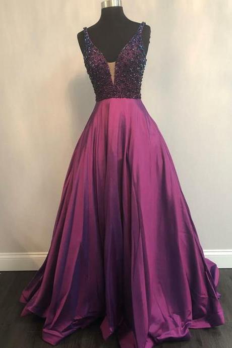 Sheer Plunging Neck Long Prom Dress With Beading