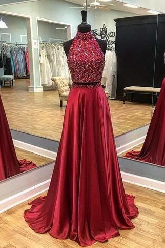 Two Pieces Prom Dress With Beaded High Neck Top
