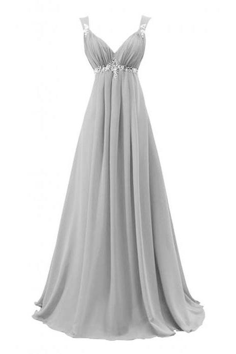 Light Grey Empire Waist Chiffon Evening Gowns Formal Occasion Dresses