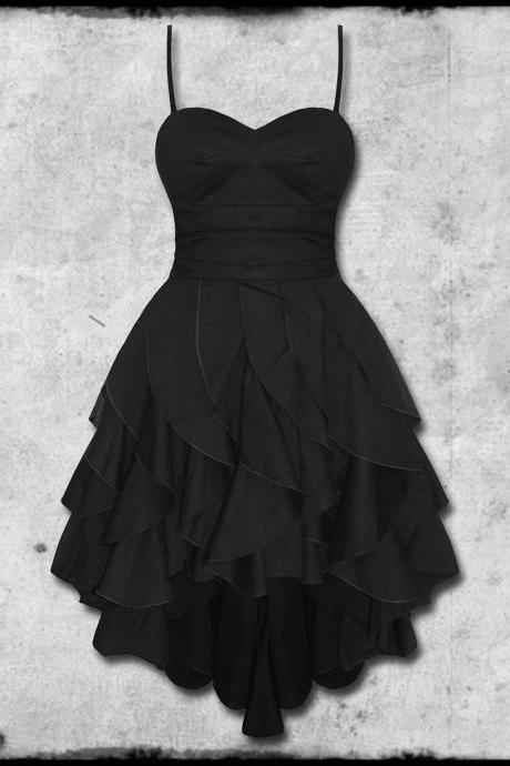 Spaghetti Straps Black Short Party Dress With Tiered Skirt