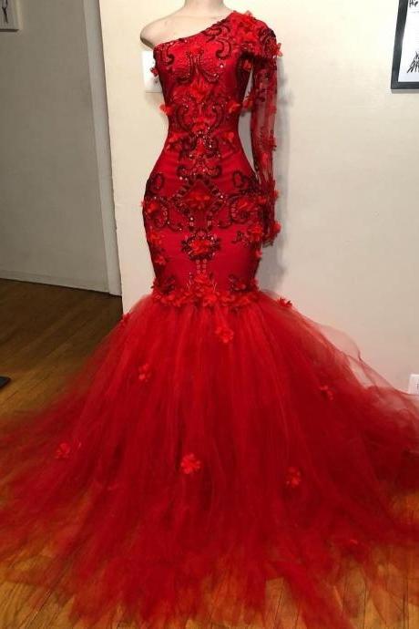 One Shoulder Mermaid Red Prom Dress