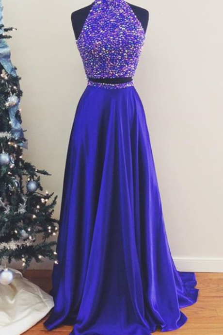 Two Pieces Royal Blue Prom Dress With Beaded Top