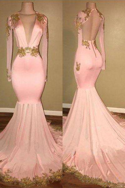 Backless Pink Fit Prom Dress With Long Sleeves