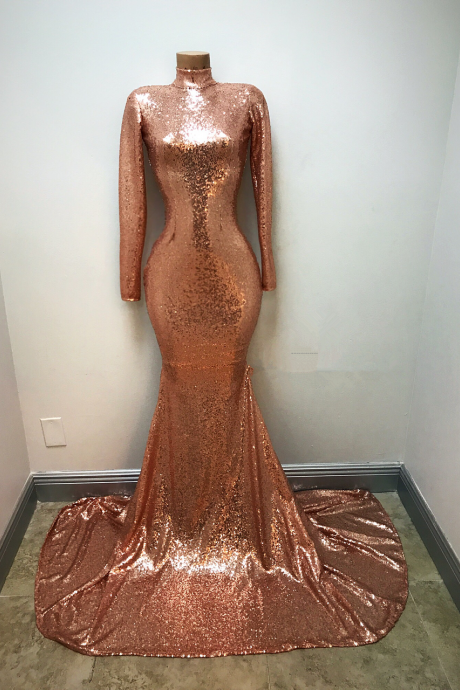 High Neck Rose Gold Sequin Prom Dress With Long Sleeves