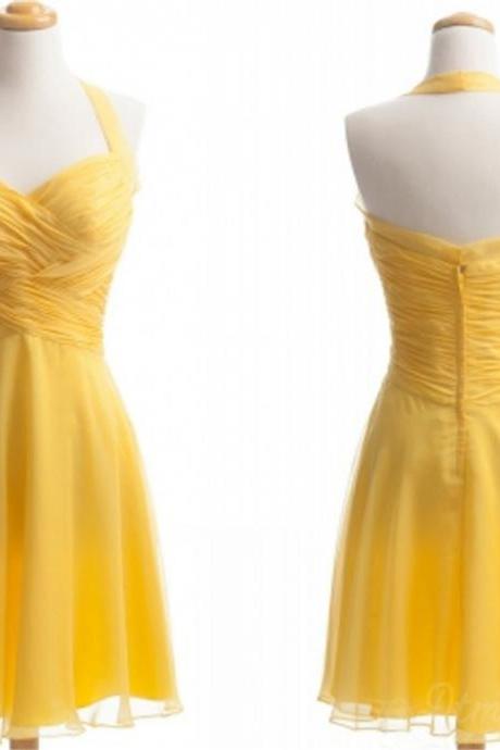 Halter Short Yellow Chiffon Homecoming Party Dress