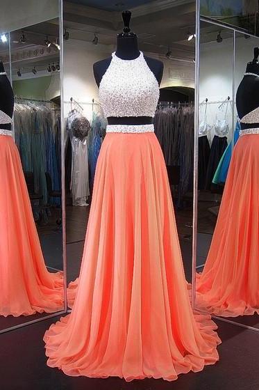 Coral Two Pieces Long Chiffon Prom Dress With Pearls Beads