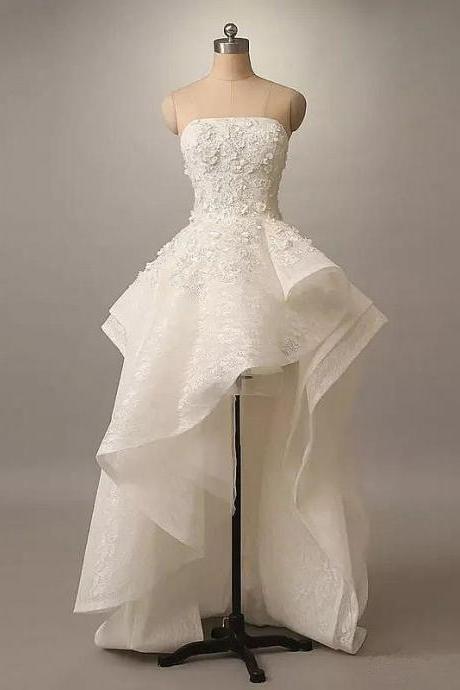 Strapless Ivory Asymmetric High Low Bridal Dress Lace Pageant Dress