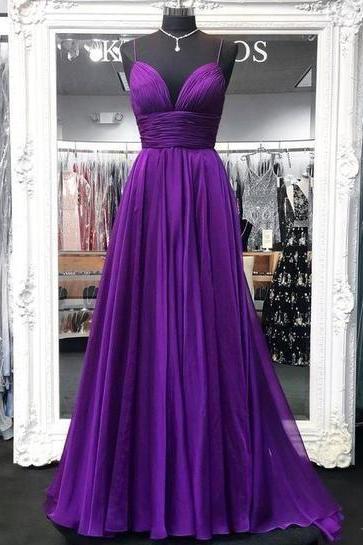 Spaghetti Straps Purple Chiffon Long Evening Gown Prom Dress
