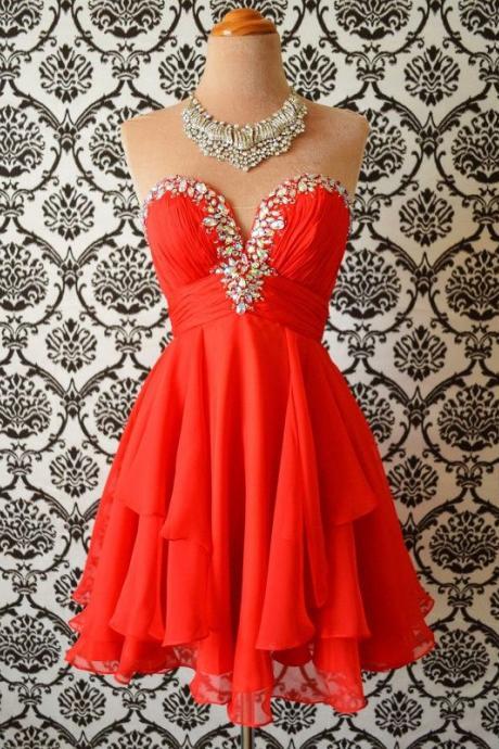 Short Coral Homecoming Party Dress With Beaded Neckline
