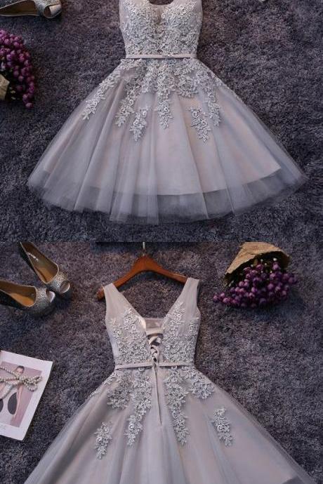 Grey Party Homecoming Dress With Lace-up Back