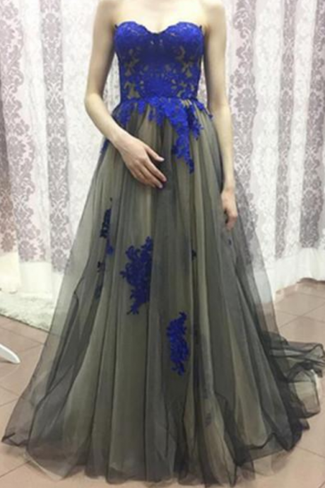 Sweetheart Long Prom Dress With Blue Appliques Floor Length Pageant Dress