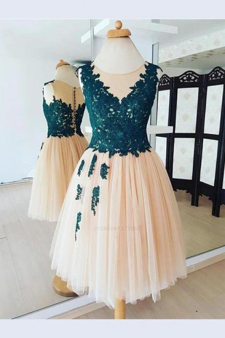 Sheer Neck Short Homecoming Party Dress With Appliques