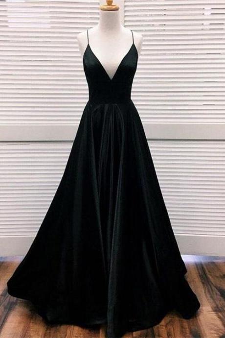 Long Black Satin Simple Prom Dress