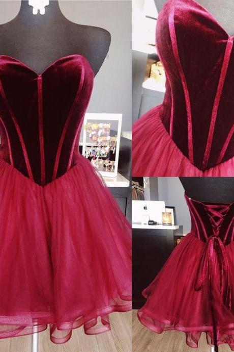Sweetheart Wine Short Homecoming Party Dress With Velvet Bodice