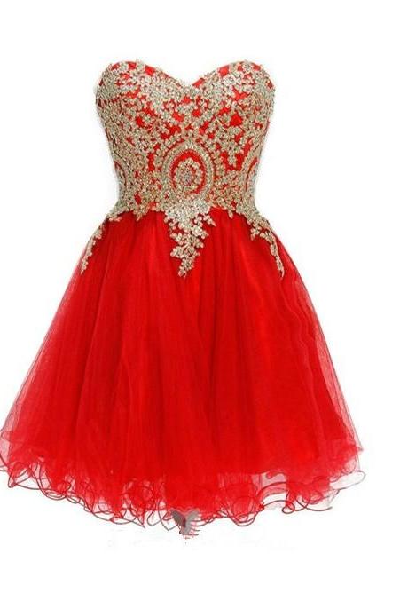 Red Hoco Party Dress with Gold Appliques Homecoming Dress with Pencil Hem