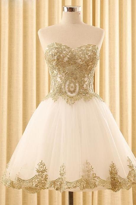Sweetheart Ivory Short Hoco Party Dress Homecoming Dress with Gold Appliques