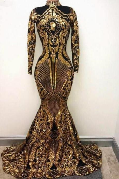 V-neck Long Lace Prom Dresses Gold