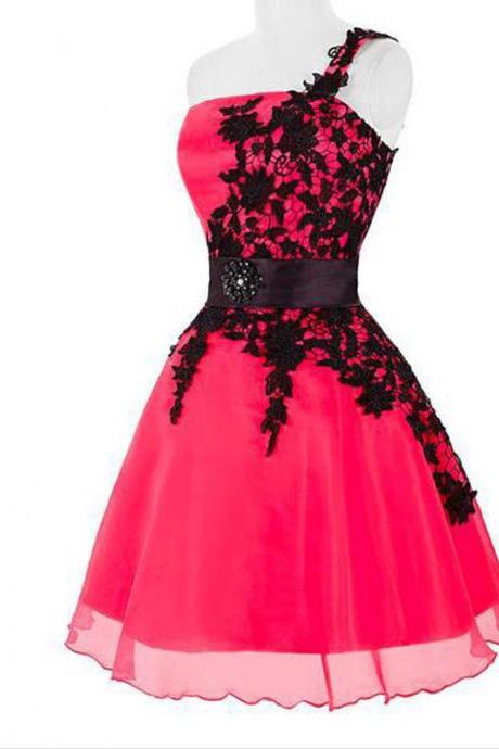 One Shoulder Hoco Party Dress With Black Lace