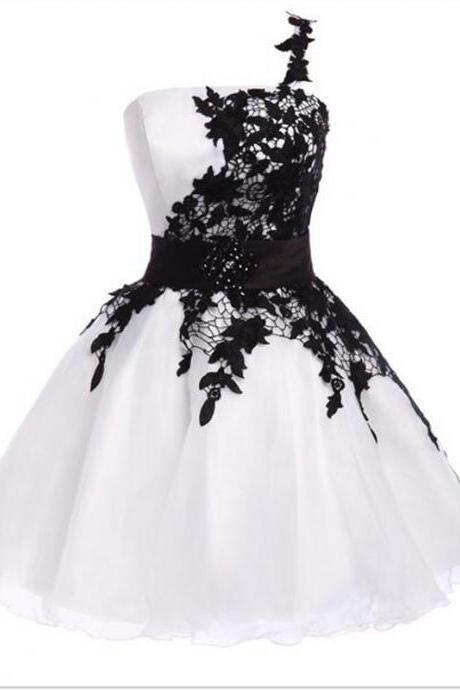 White One Shoulder Hoco Party Dress With Black Lace Homecoming Dress