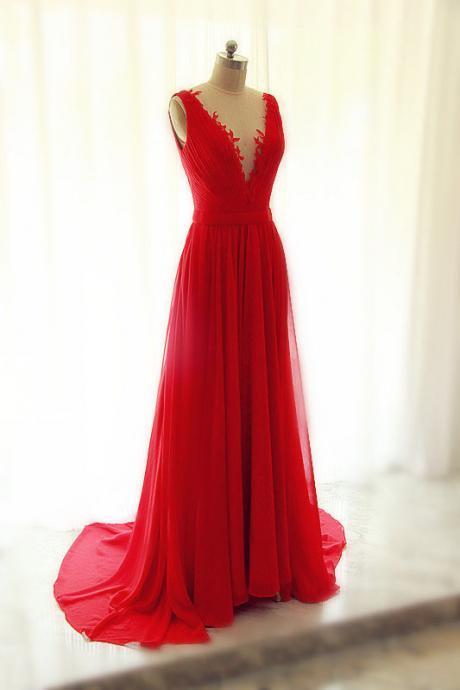 Sheer V Neck Red Chiffon Evening Gown Prom Dress With Illusion Back