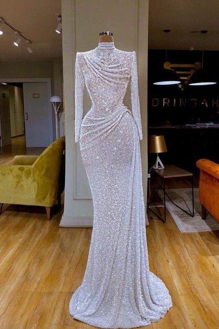 White Sequin Pageant Dress Evening Gown