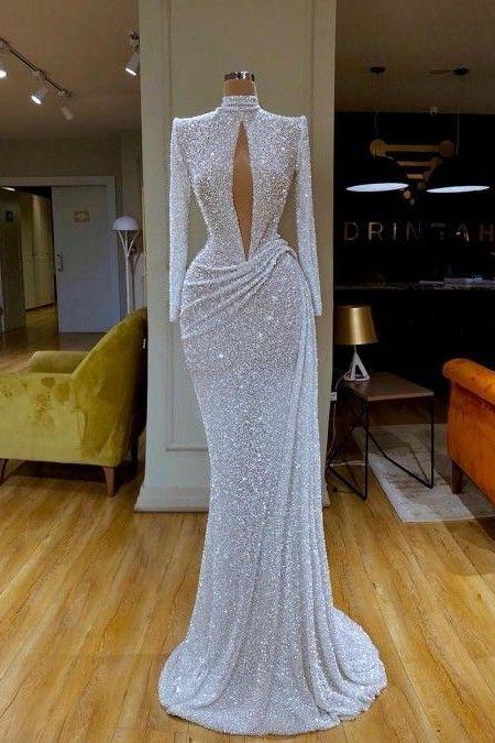 Long Sleeves Pageant Dress With Sheer Front Evening Gown