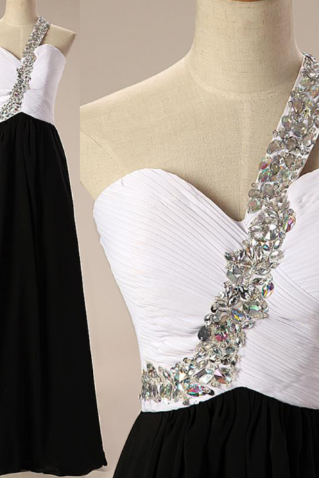 One Shoulder Black White Evening Gown Formal Dress