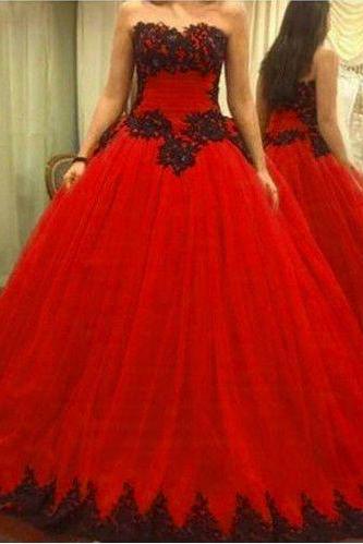 Strapless Red Ball Gown Pageant Dress With Black Appliques