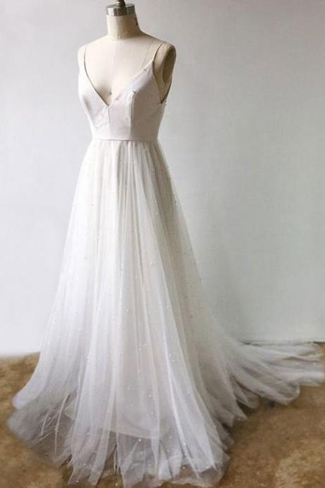 Spaghetti Straps Ivory Pearlled Wedding Dress